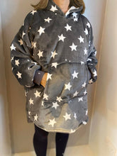 Load image into Gallery viewer, Charcoal with Stars Fleecy Hooded Blanket