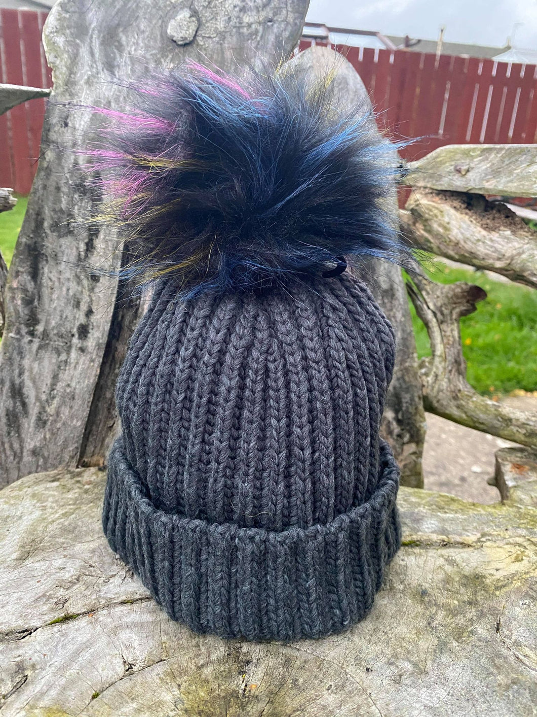 Ladies Knitted Hat with Faux Pom Pom