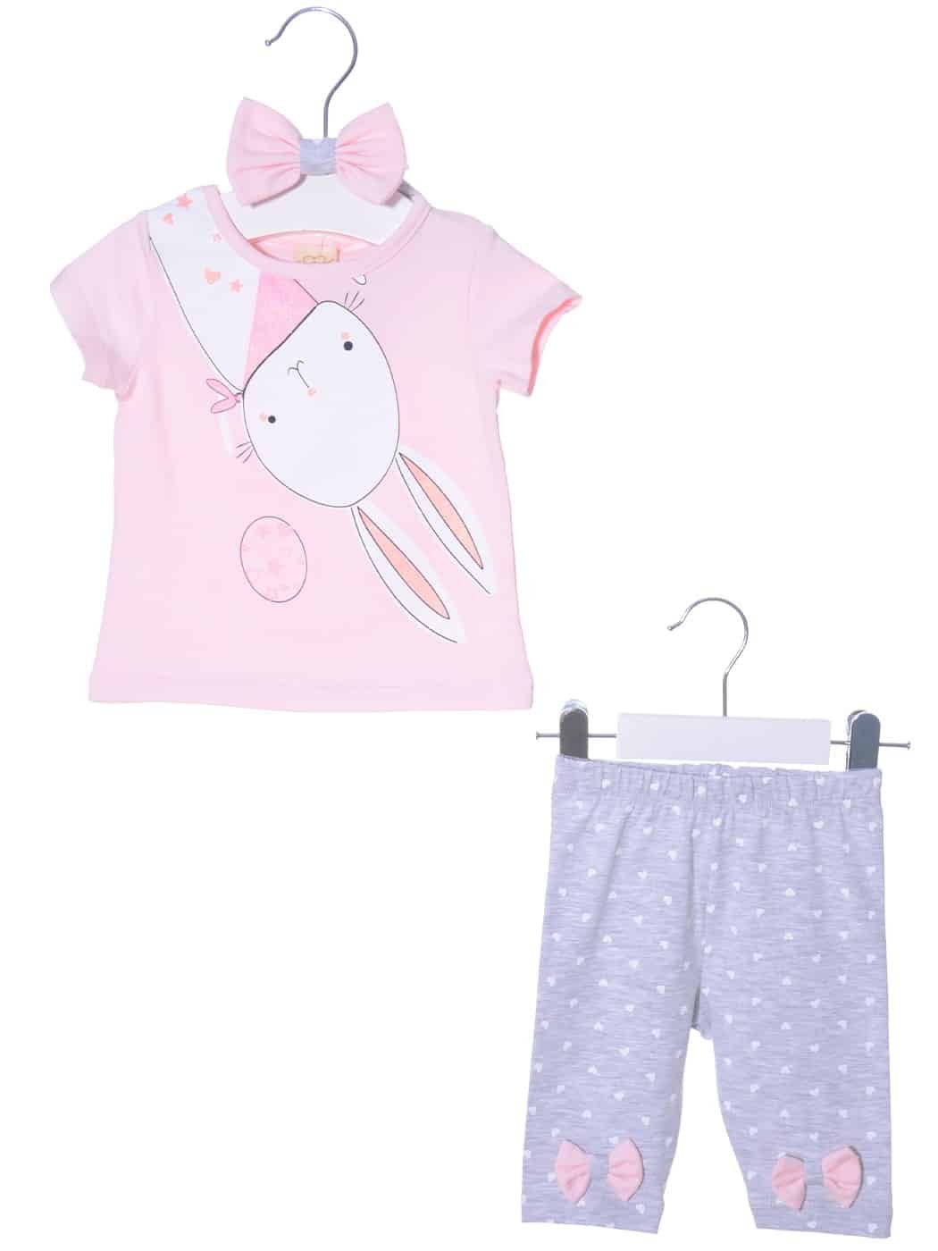 Baby Girls Pink Bunny Top & Heart Leggings Set With Headband