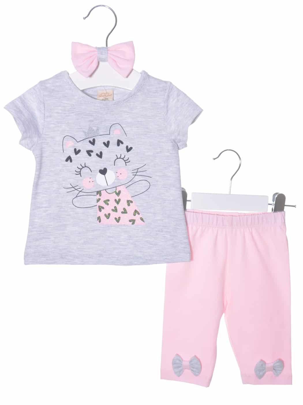 Baby Girls Glitter Kitty Top & Pink Leggings Set With Headband